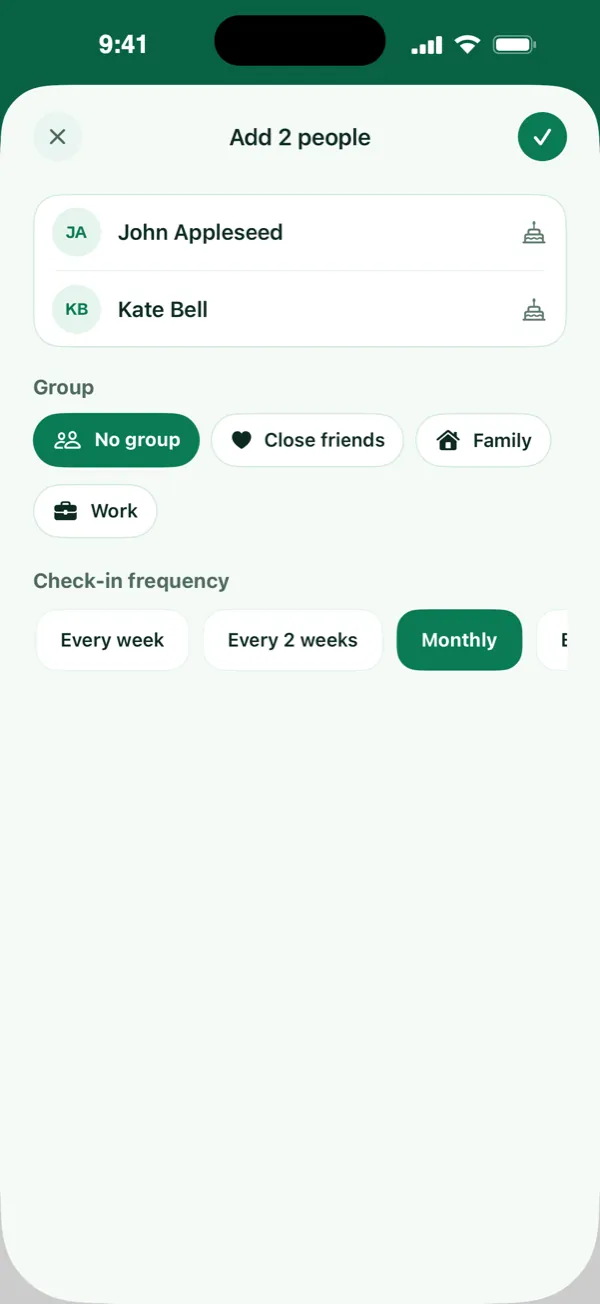 Kit's add people sheet, ready to add the people picked from your contacts, with a group and how often to check in
