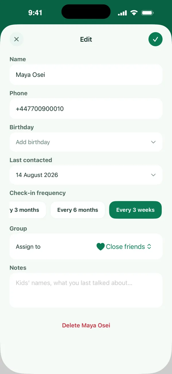 Editing Maya Osei in Kit: her phone number, birthday, when you last spoke and how often to check in
