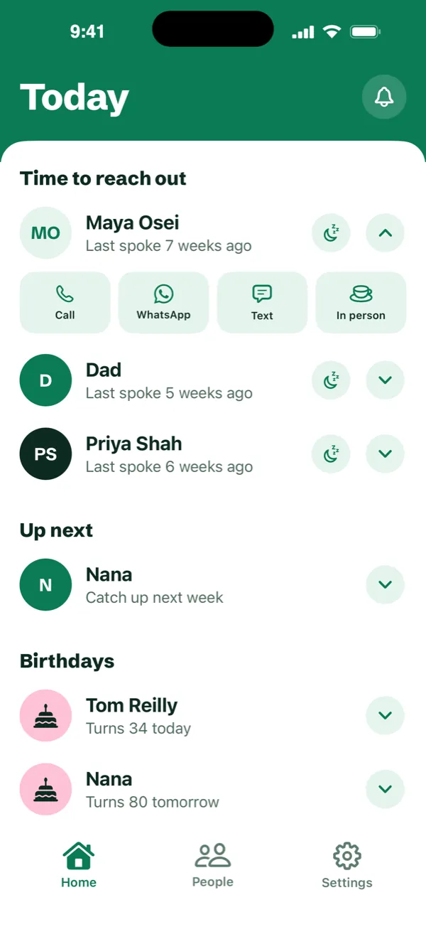 Kit's Home screen with Maya Osei opened up, showing buttons to call, WhatsApp, text or log seeing her in person