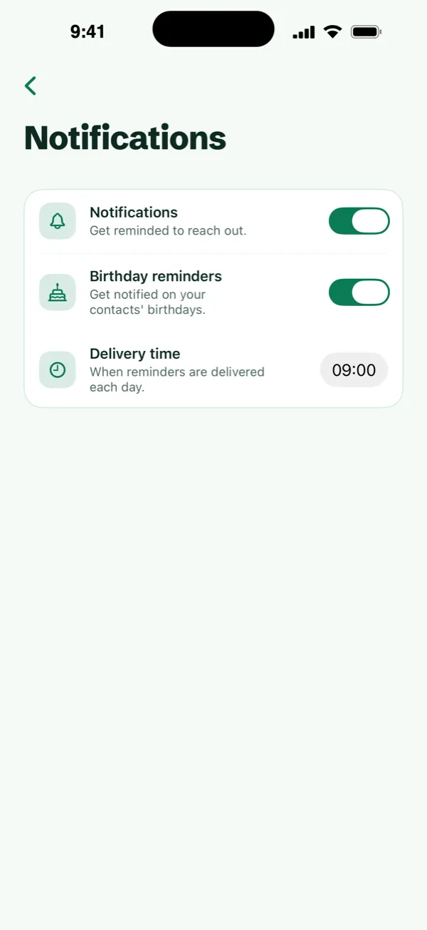 Kit's notification settings: reminders and birthday reminders switched on, delivered at 09:00