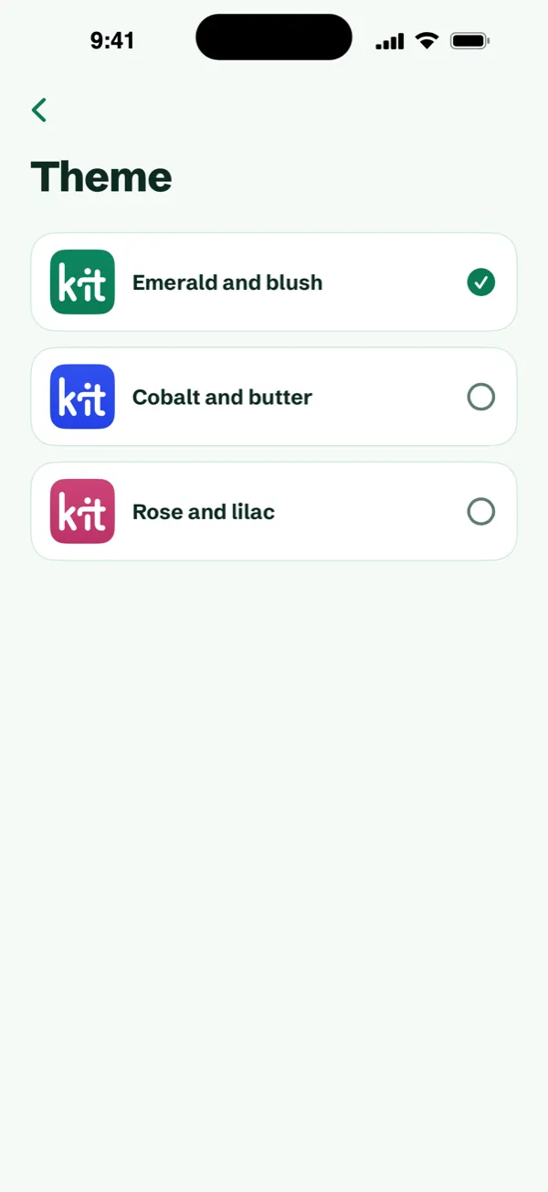 Kit's Theme screen with three choices: Emerald and blush, Cobalt and butter, Rose and lilac